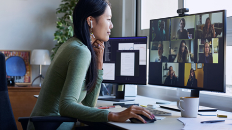 Businesswoman discussing during video conference. 